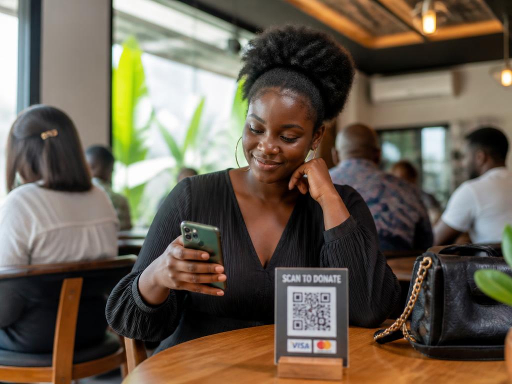 A woman making a donation from her phone in a cafe